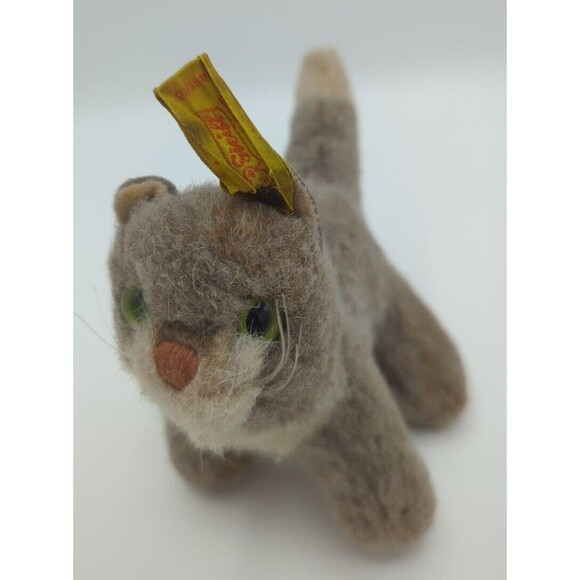 VTG Steiff Standing Cat Kitten Gray & White Ear Button & Tag 1495/10 - Picture 1 of 8